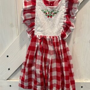 Red and White Checkered Dress with Embroidery